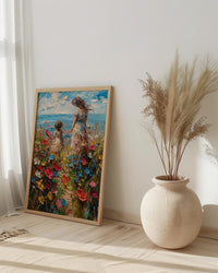 Wildflower Cottage Art Print, Mother Child Poster - Mother's Day Gift