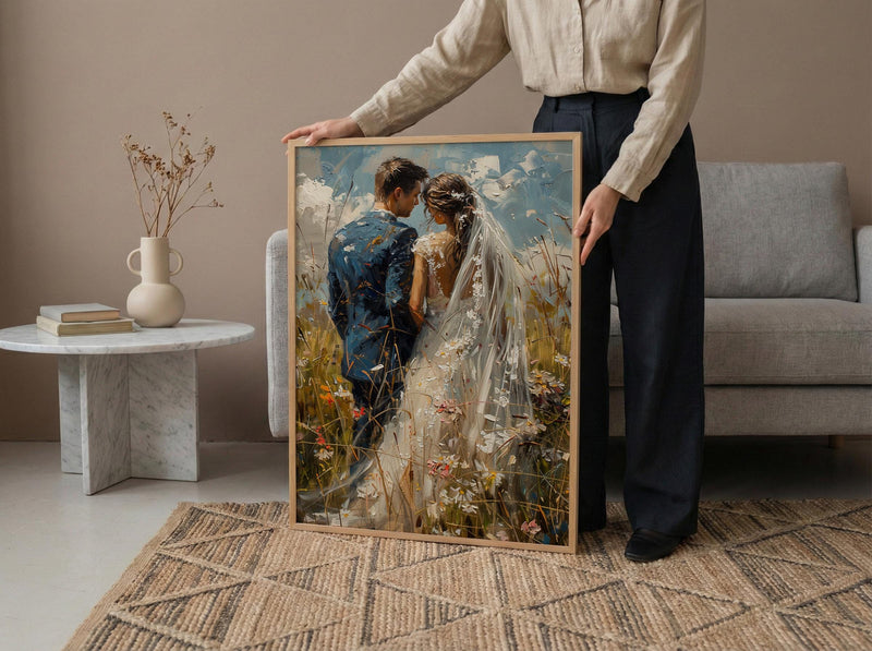 Bride and Groom Poster, Long Veil Wedding Art - Anniversary Gift