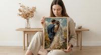 Bride and Groom Poster, Long Veil Wedding Art - Anniversary Gift