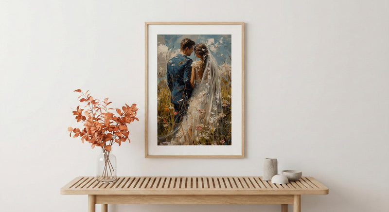 Bride and Groom Poster, Long Veil Wedding Art - Anniversary Gift