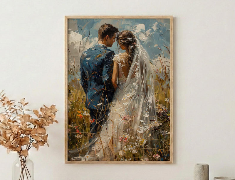 Bride and Groom Poster, Long Veil Wedding Art - Anniversary Gift