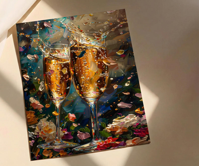 Champagne Toast Art Print, Romantic Floral Decor - Newlywed Gift