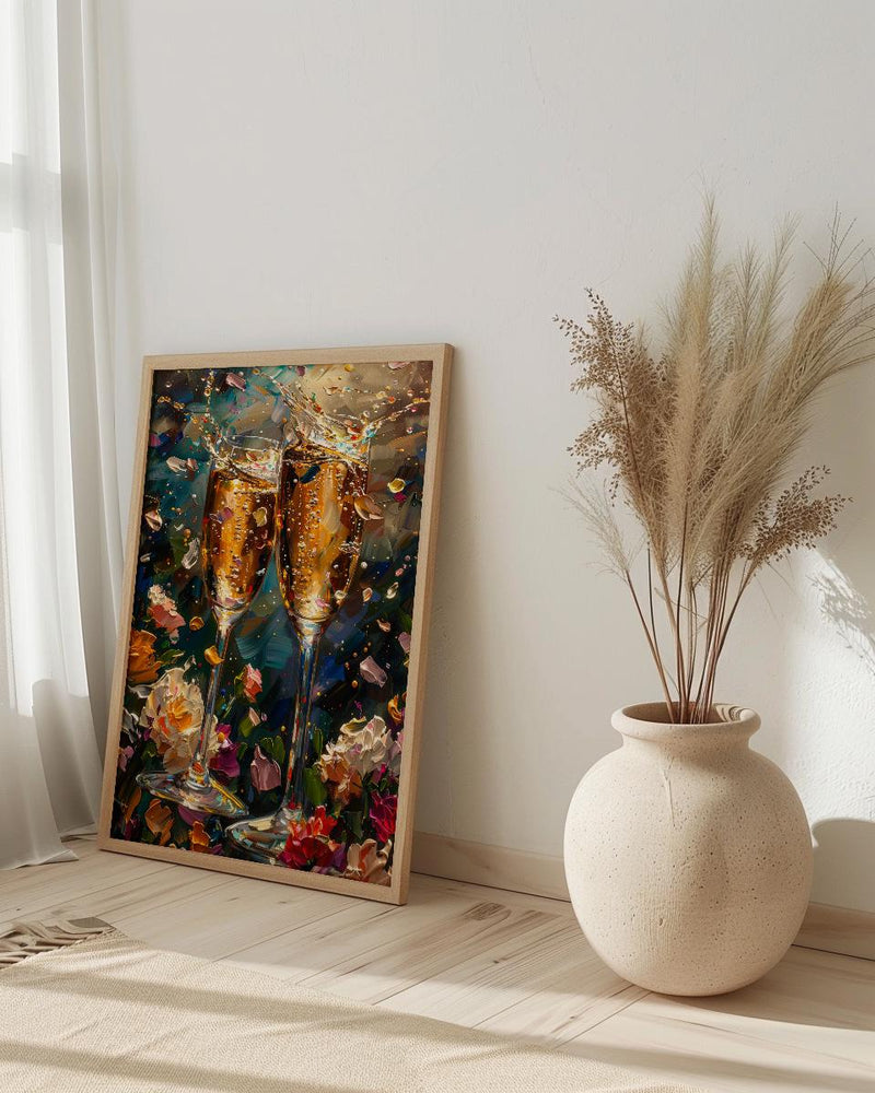 Champagne Toast Art Print, Romantic Floral Decor - Newlywed Gift