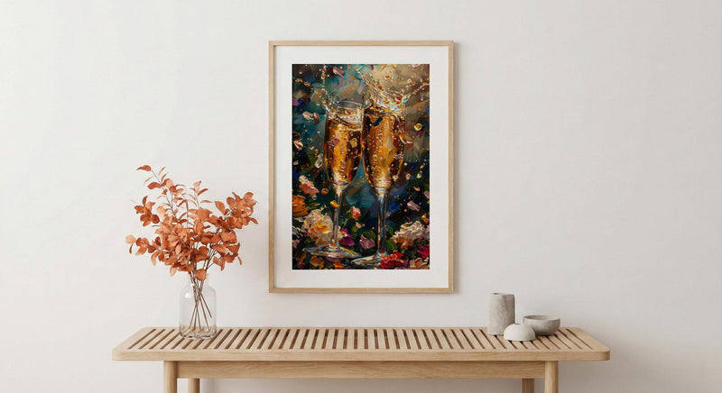 Champagne Toast Art Print, Romantic Floral Decor - Newlywed Gift