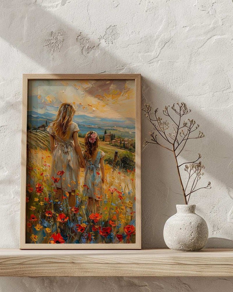 Tuscan Vineyard Print, Mom Daughter Poster - Thick Oil Painting Style