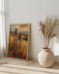 Tuscan Vineyard Print, Mom Daughter Poster - Thick Oil Painting Style