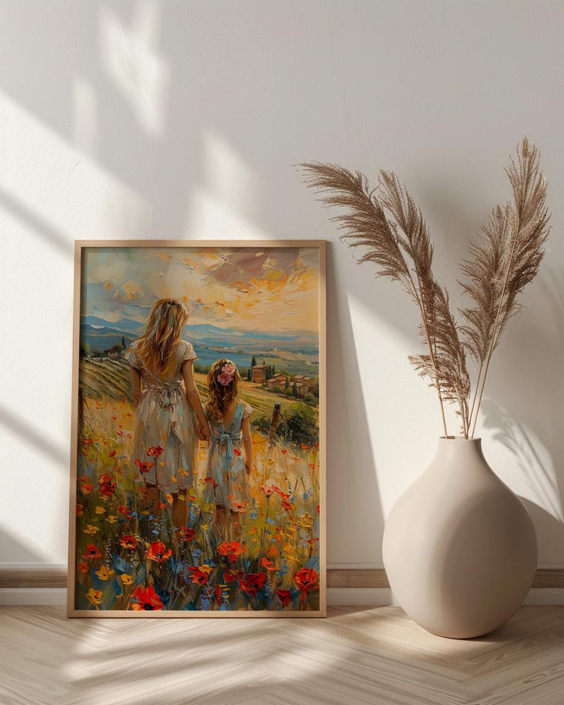 Tuscan Vineyard Print, Mom Daughter Poster - Thick Oil Painting Style