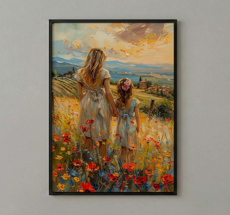 Tuscan Vineyard Print, Mom Daughter Poster - Thick Oil Painting Style