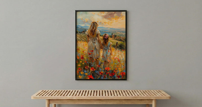 Tuscan Vineyard Print, Mom Daughter Poster - Thick Oil Painting Style
