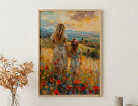 Tuscan Vineyard Print, Mom Daughter Poster - Thick Oil Painting Style