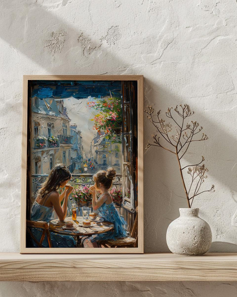 European Balcony Poster, Mother Child Art - Mother's Day Gift
