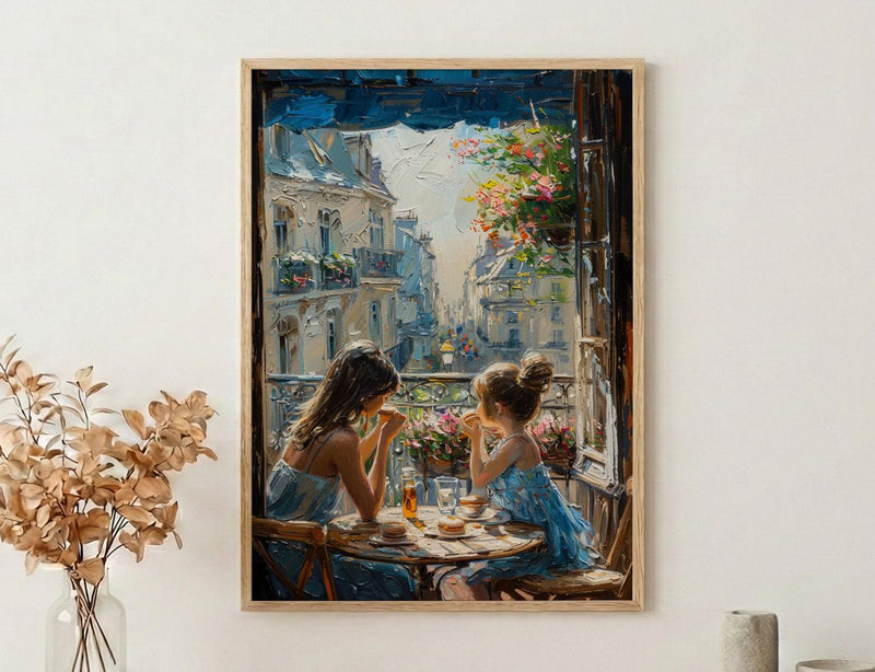 European Balcony Poster, Mother Child Art - Mother's Day Gift