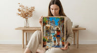 Italian Courtyard Poster, Mother Son Art - Palette Knife Painting Style