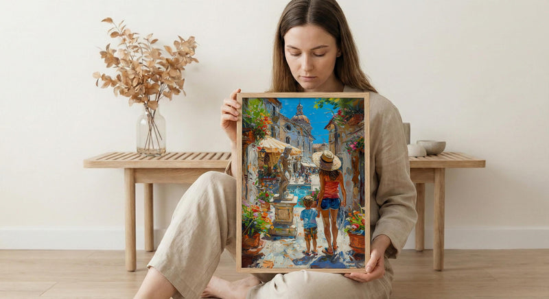 Italian Courtyard Poster, Mother Son Art - Palette Knife Painting Style