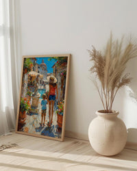 Italian Courtyard Poster, Mother Son Art - Palette Knife Painting Style