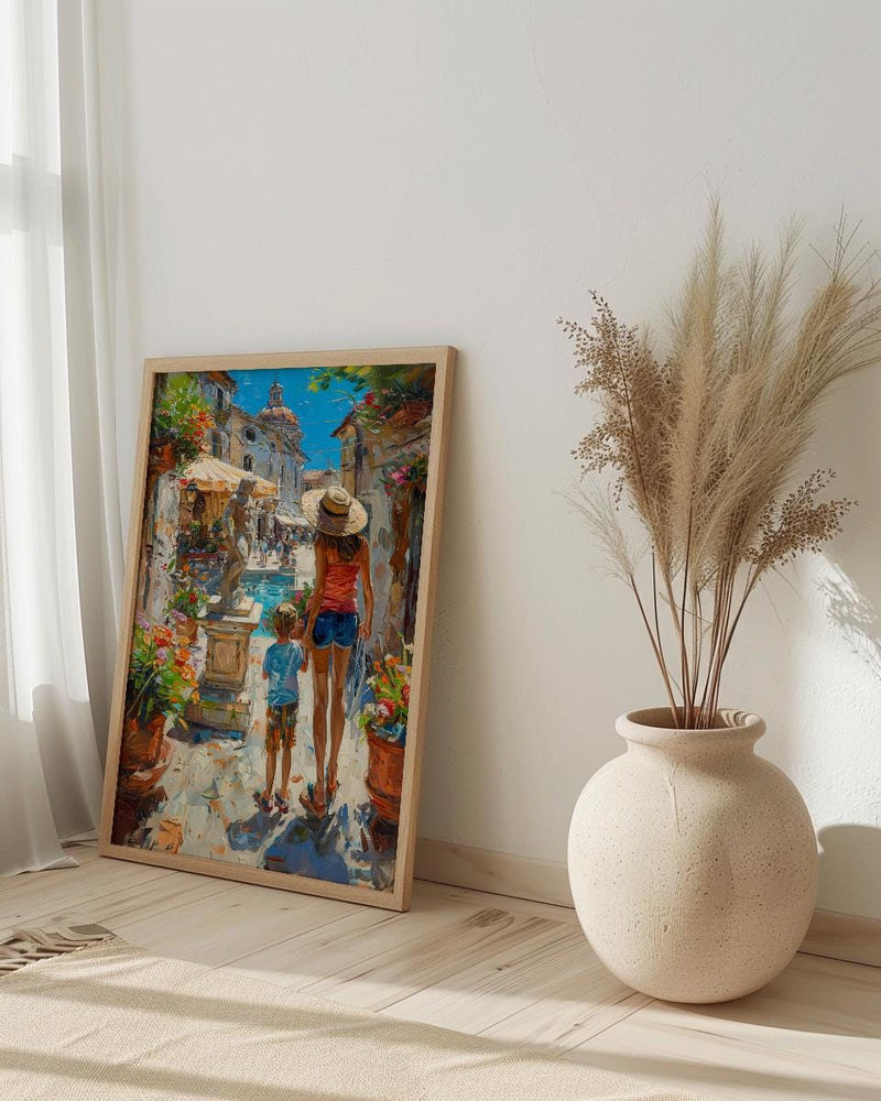 Italian Courtyard Poster, Mother Son Art - Palette Knife Painting Style