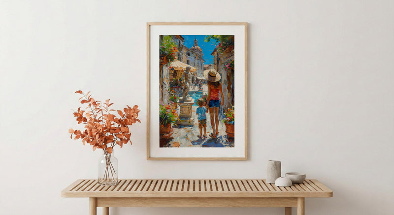 Italian Courtyard Poster, Mother Son Art - Palette Knife Painting Style