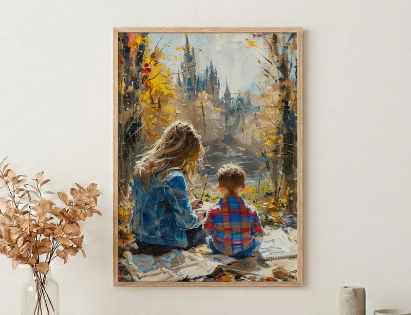 Park Sketching Art Print, Mother Child Poster - Mother's Day Gift