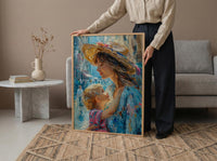 Italian Piazza Art Print, Mother Son Poster - Thick Oil Painting Style