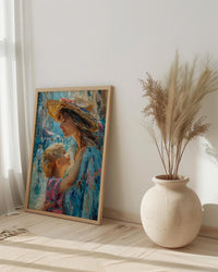 Italian Piazza Art Print, Mother Son Poster - Thick Oil Painting Style