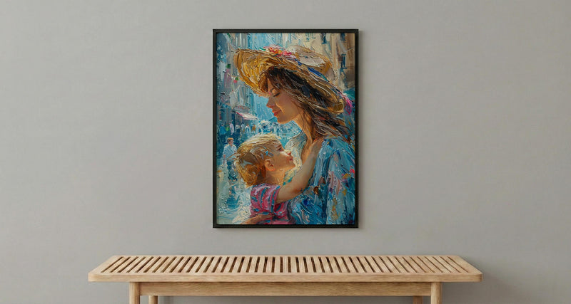 Italian Piazza Art Print, Mother Son Poster - Thick Oil Painting Style