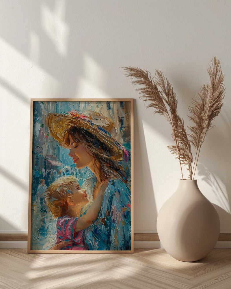 Italian Piazza Art Print, Mother Son Poster - Thick Oil Painting Style
