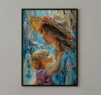 Italian Piazza Art Print, Mother Son Poster - Thick Oil Painting Style