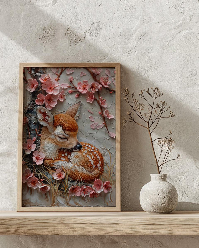 Sleeping Fawn Nursery Wall Art, Pink Sakura Spring Decor - Kids Room Decor