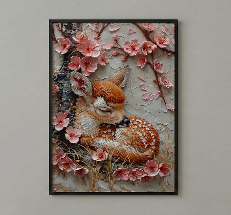 Sleeping Fawn Nursery Wall Art, Pink Sakura Spring Decor - Kids Room Decor