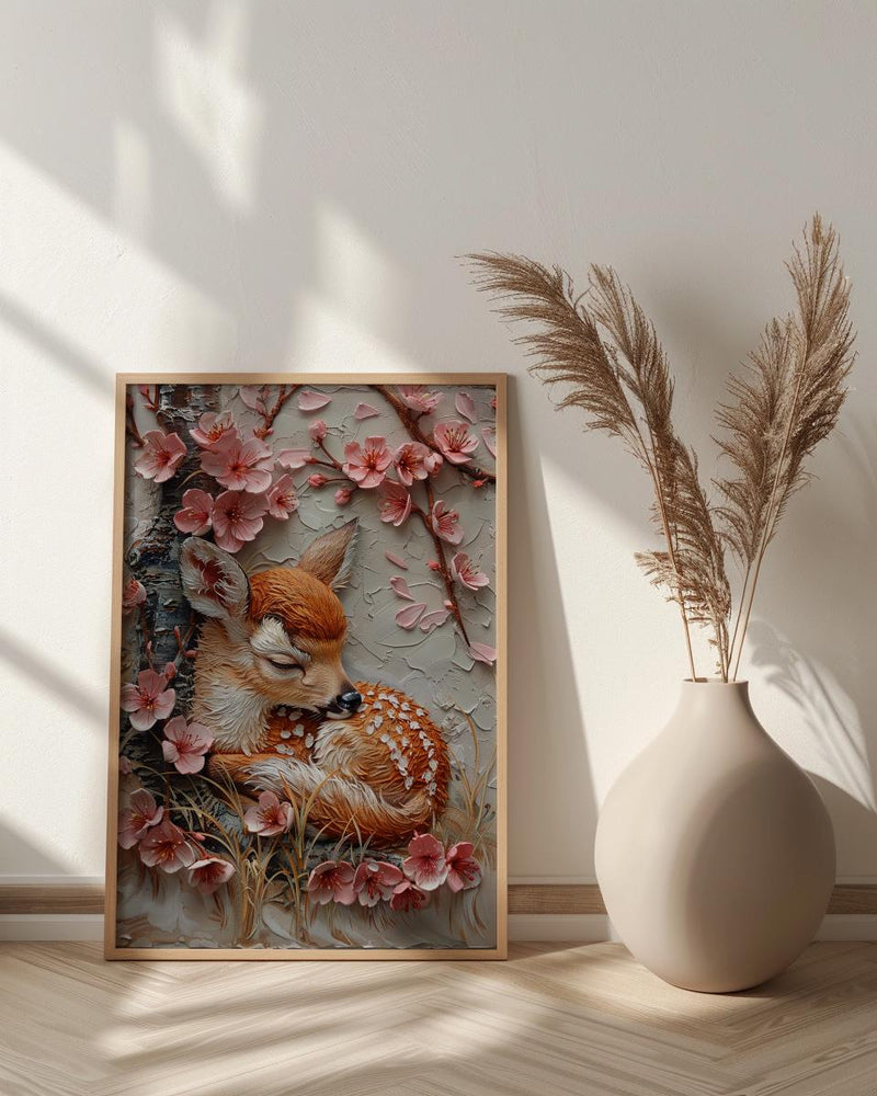 Sleeping Fawn Nursery Wall Art, Pink Sakura Spring Decor - Kids Room Decor