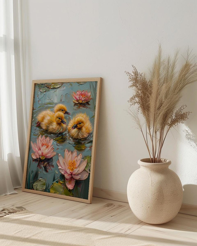 Spring Ducklings Nursery Poster, Pink Water Lily Decor - Baby Shower Gift