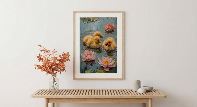 Spring Ducklings Nursery Poster, Pink Water Lily Decor - Baby Shower Gift