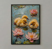 Spring Ducklings Nursery Poster, Pink Water Lily Decor - Baby Shower Gift