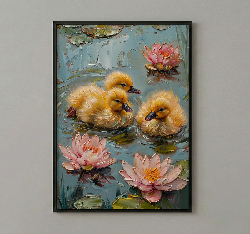 Spring Ducklings Nursery Poster, Pink Water Lily Decor - Baby Shower Gift