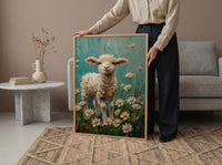 Baby Lamb Nursery Wall Decor, White Daisy Spring Print - Thick Oil Painting Style