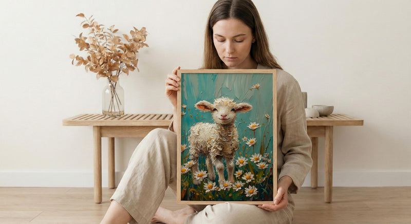 Baby Lamb Nursery Wall Decor, White Daisy Spring Print - Thick Oil Painting Style