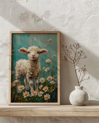 Baby Lamb Nursery Wall Decor, White Daisy Spring Print - Thick Oil Painting Style