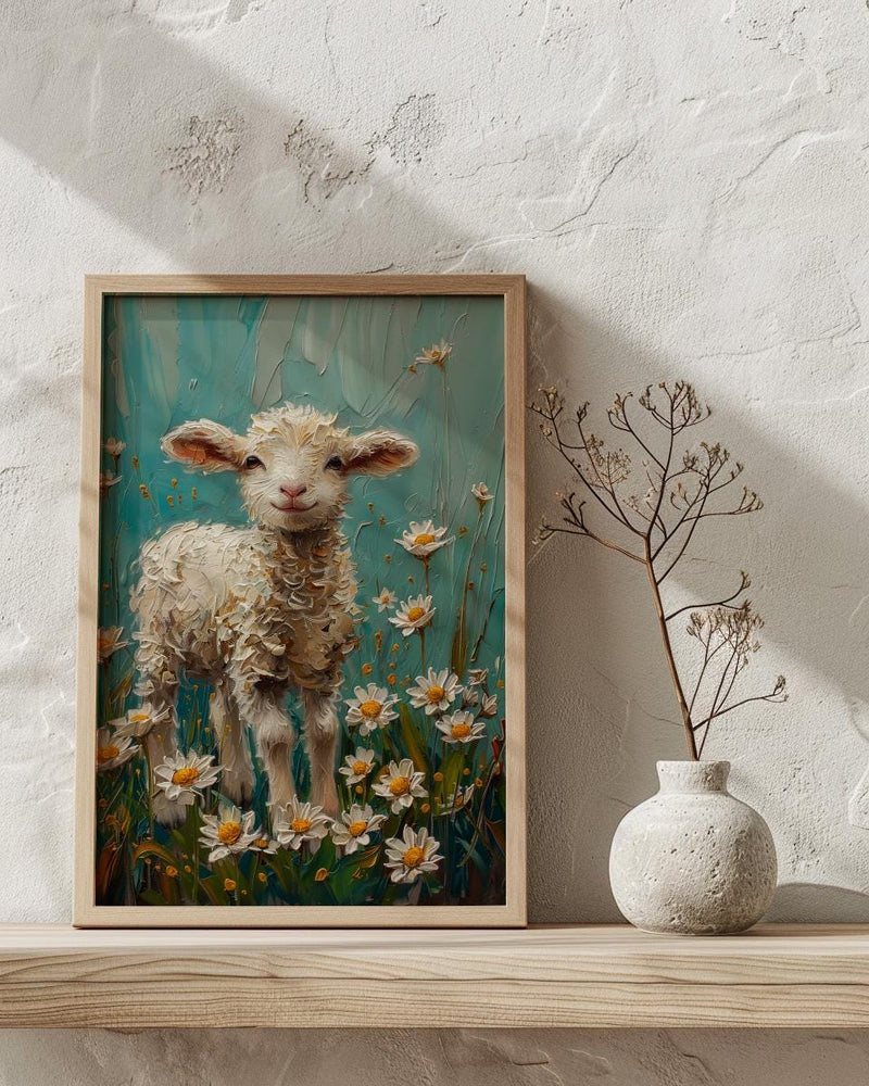 Baby Lamb Nursery Wall Decor, White Daisy Spring Print - Thick Oil Painting Style