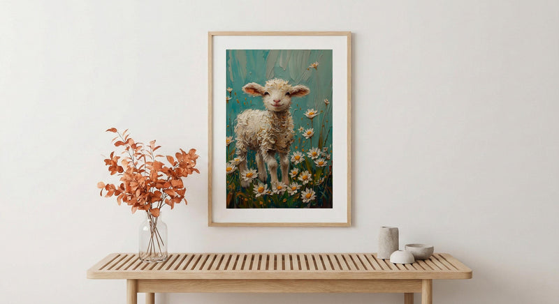 Baby Lamb Nursery Wall Decor, White Daisy Spring Print - Thick Oil Painting Style