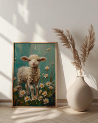 Baby Lamb Nursery Wall Decor, White Daisy Spring Print - Thick Oil Painting Style
