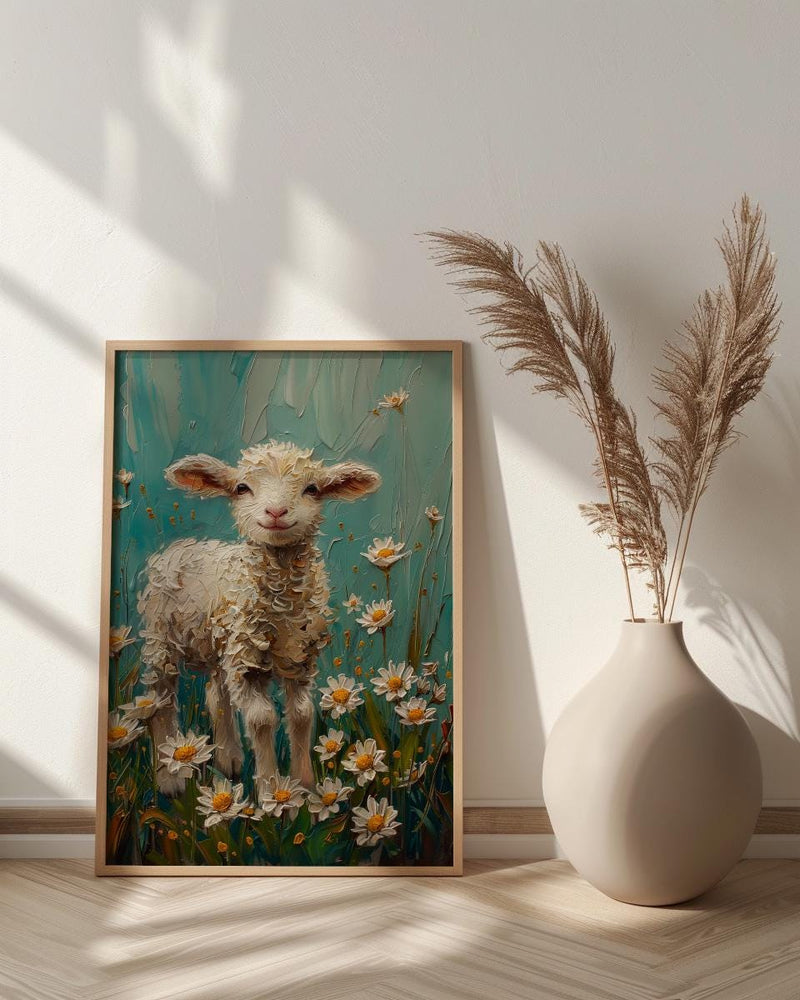 Baby Lamb Nursery Wall Decor, White Daisy Spring Print - Thick Oil Painting Style
