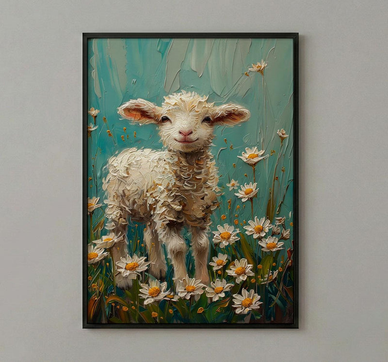 Baby Lamb Nursery Wall Decor, White Daisy Spring Print - Thick Oil Painting Style