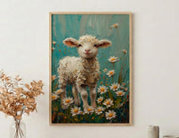 Baby Lamb Nursery Wall Decor, White Daisy Spring Print - Thick Oil Painting Style