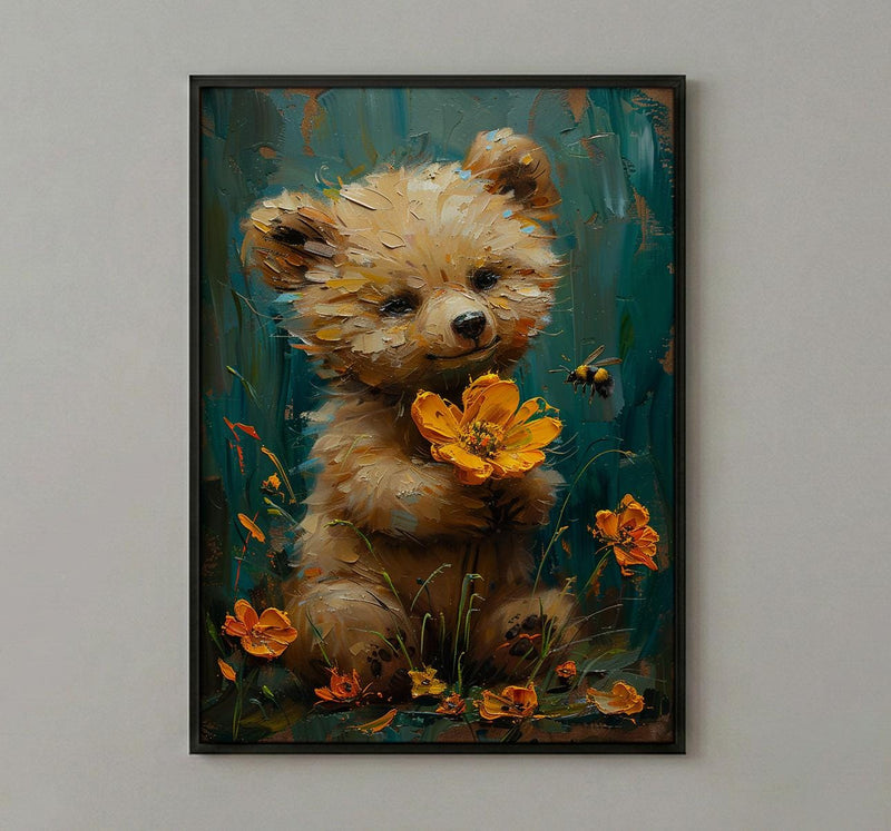 Baby Bear Nursery Art Print, Yellow Floral Spring Decor - Baby Shower Gift