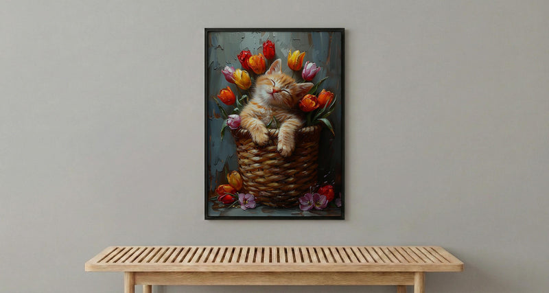 Sleeping Kitten Nursery Wall Art, Spring Tulip Print - Playroom Decor