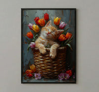 Sleeping Kitten Nursery Wall Art, Spring Tulip Print - Playroom Decor