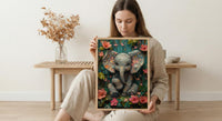 Baby Elephant Nursery Poster, Pink Tropical Floral Decor - Textured Impasto Oil Painting