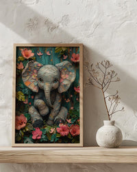 Baby Elephant Nursery Poster, Pink Tropical Floral Decor - Textured Impasto Oil Painting