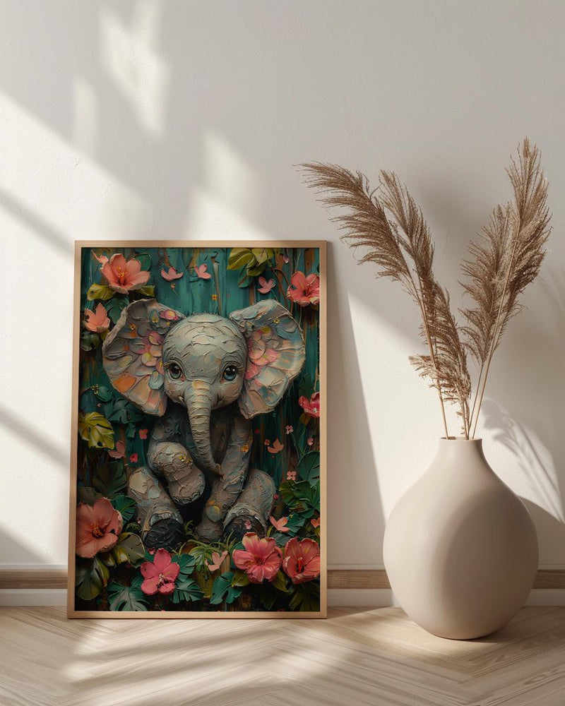 Baby Elephant Nursery Poster, Pink Tropical Floral Decor - Textured Impasto Oil Painting