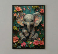 Baby Elephant Nursery Poster, Pink Tropical Floral Decor - Textured Impasto Oil Painting